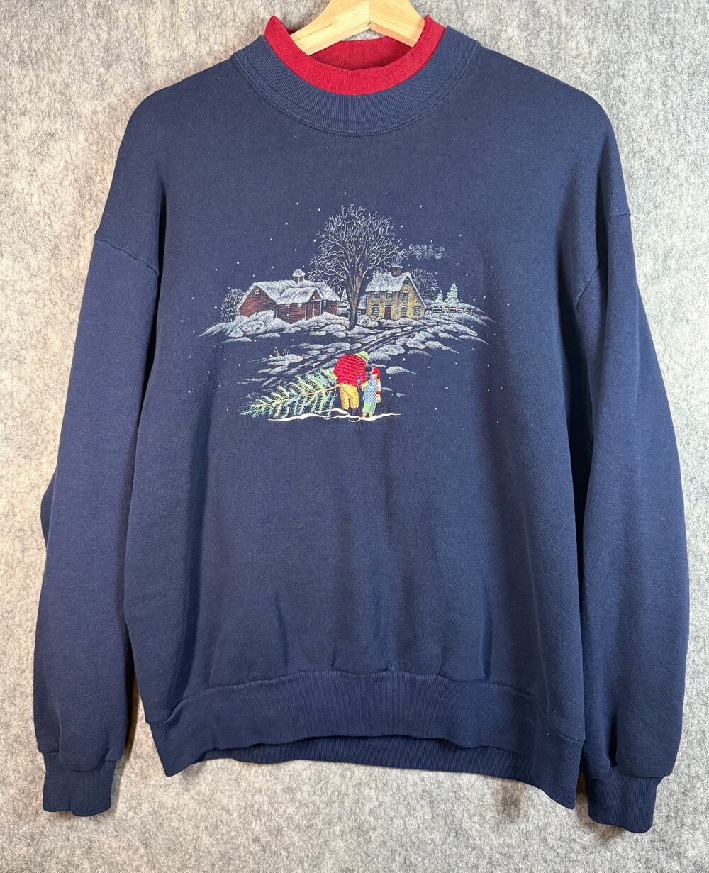 Vintage Top Stitch Morning Sun Womens Large Blue Christmas Scene Sweatshirt